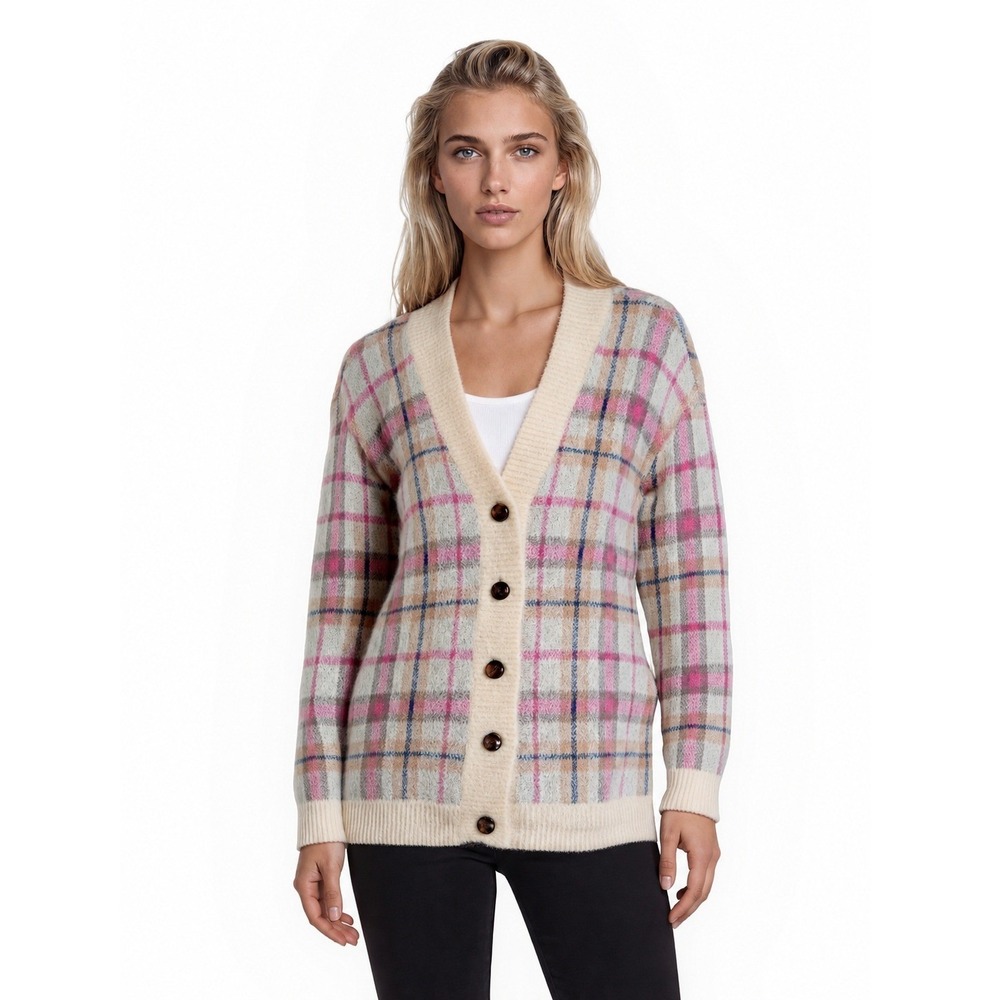 Ann Taylor Plaid Cardigan Sweater Women's Size Medium Cream Pink Eyelash Long